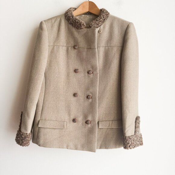 Vintage Katzman Light Beige Wool Fur Trim Winter Blazer Jacket Union Made S/M - Picture 1 of 13
